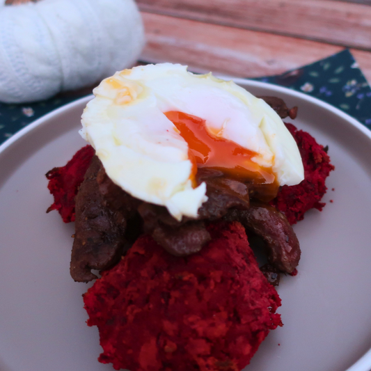 Mallard strips with beetroot rosti and poached egg